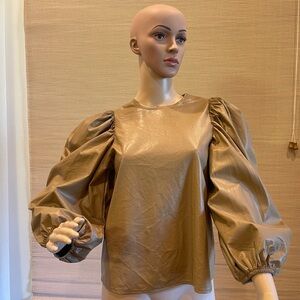 Tan Karlie faux leather top. Oversized puffed sleeves. Size S